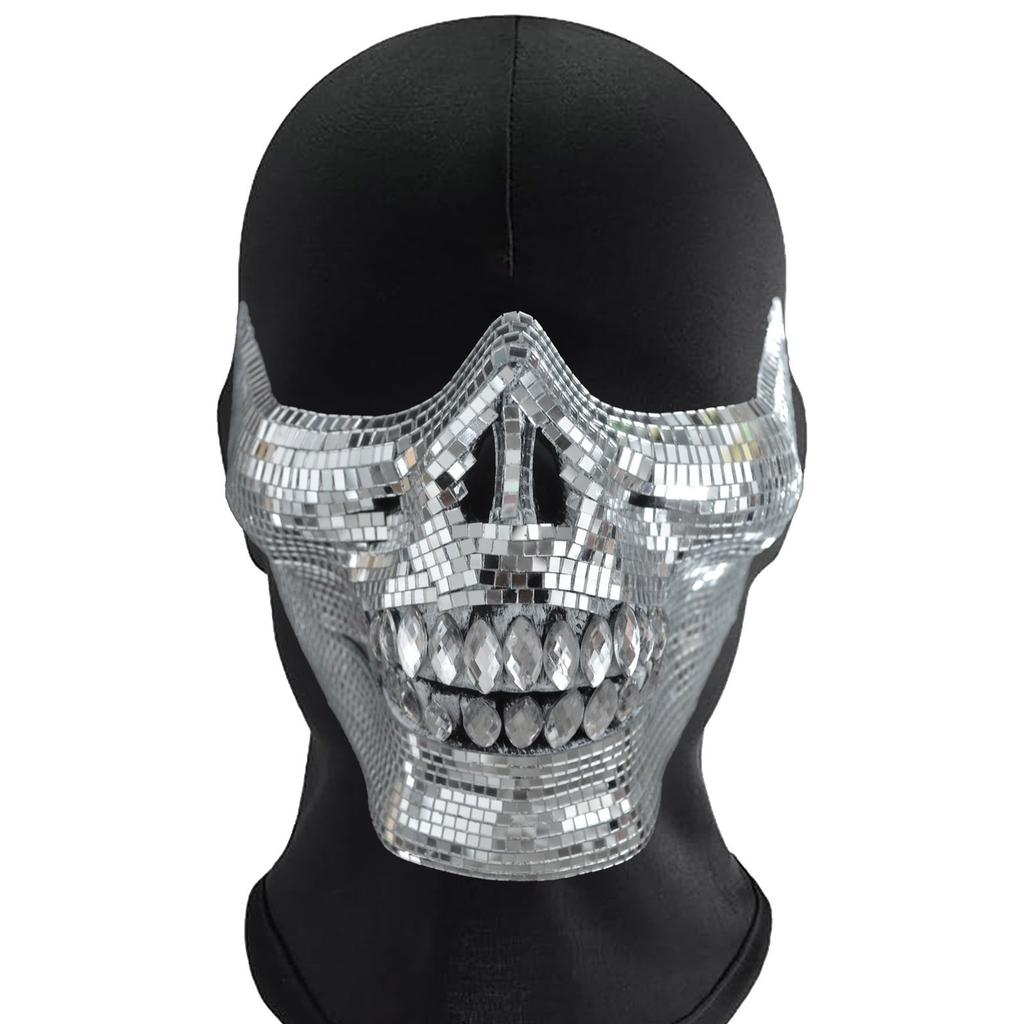 Crystal Skull Half Face Mask Dress Accessory Suitable for Halloween and Costume Parties with Reflective Disco Designs