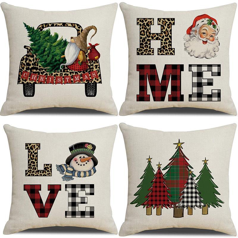 New Linen Christmas Pillowcase with Santa Claus and Reindeer Design