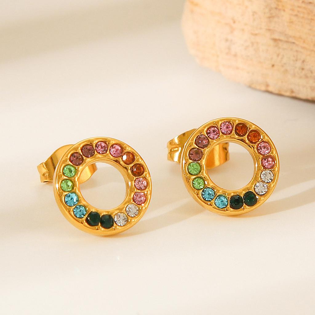 Round Stainless Steel Colorful Diamond Stud Earrings for Women, Light Luxury Versatile Titanium Steel Earrings, Fade-resistant