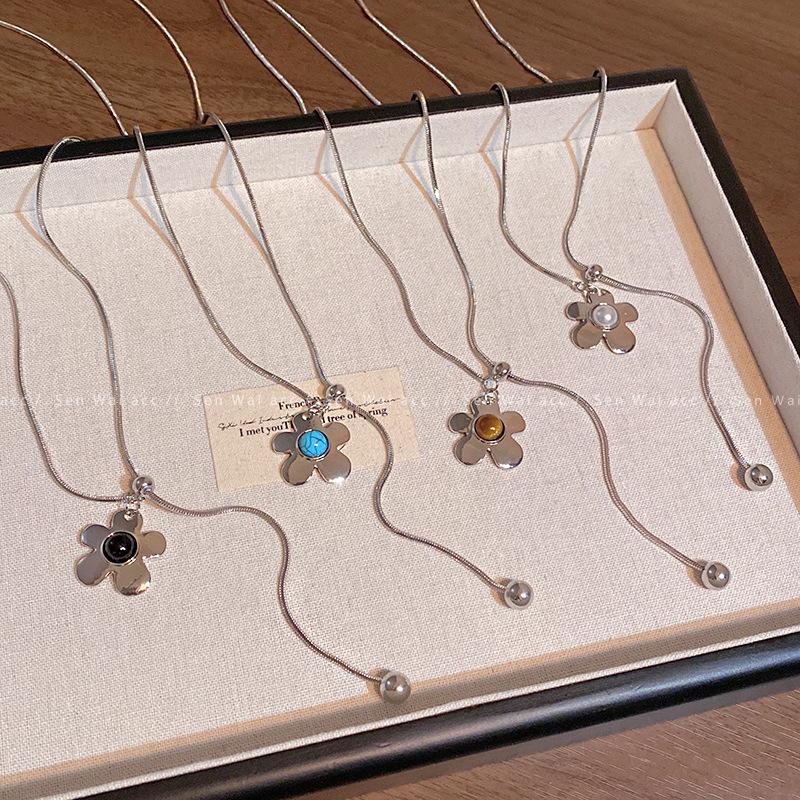Tiger's eye stone flower love pull necklace women's long sweater chain simple daily retro match