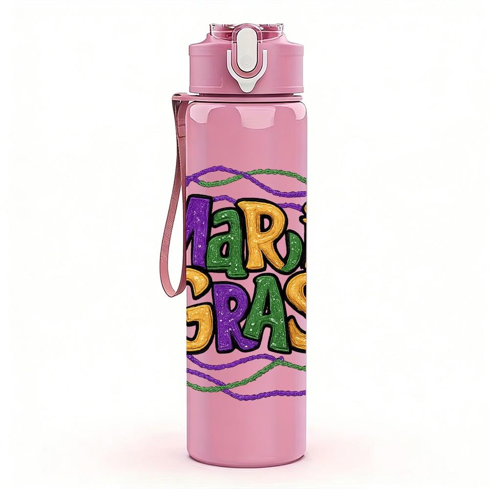 1PC Mardi Gras Colorful Letter Art 750ml Color Plastic Sports Water Bottle Leakproof Flip Straw Lid Suitable for Sports Office Home Use