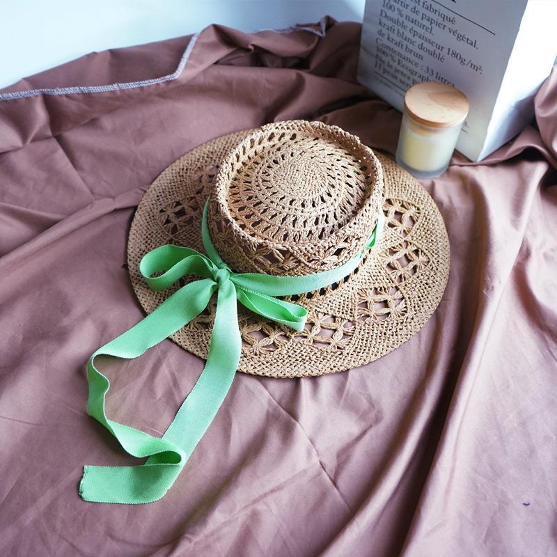 Japan Japanese French Retro Hollow Flower White Flat Top Top Hat Women'S Summer Sunshade Vacation Beach Straw Hat Outing