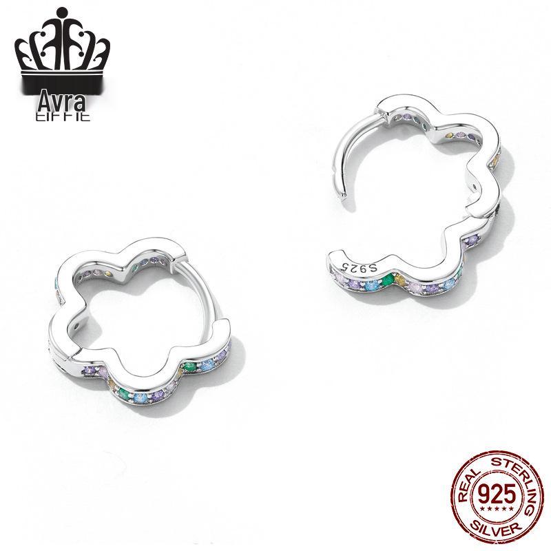 Avle Sterling Silver S925 Platinum-Plated Wreath Earrings with Colored Zircon Hollow Flowers, Model BSE612.