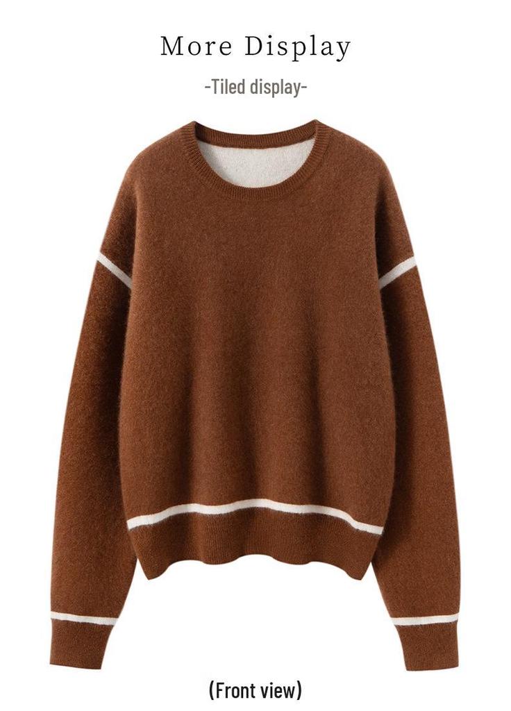 Color-Block Cashmere Round Neck Long Sleeve Sweater: Elegant, Slimming, Loose, Warm, Comfortable Autumn/Winter Pullover.