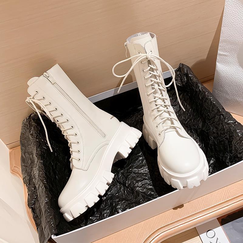 Martin Boots Women's 2021 Spring and Autumn New White Thin Medium Tube Breathable Thick-soled Single Boots Trendy Versatile Locomotive Short Boots