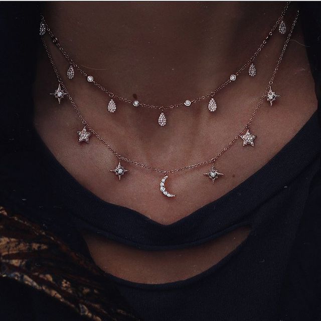 New Gold-plate Crystal Stars Pendant Necklaces For Women Necklace Multilevel Female Boho Vintage Jewelry Wedding Gift