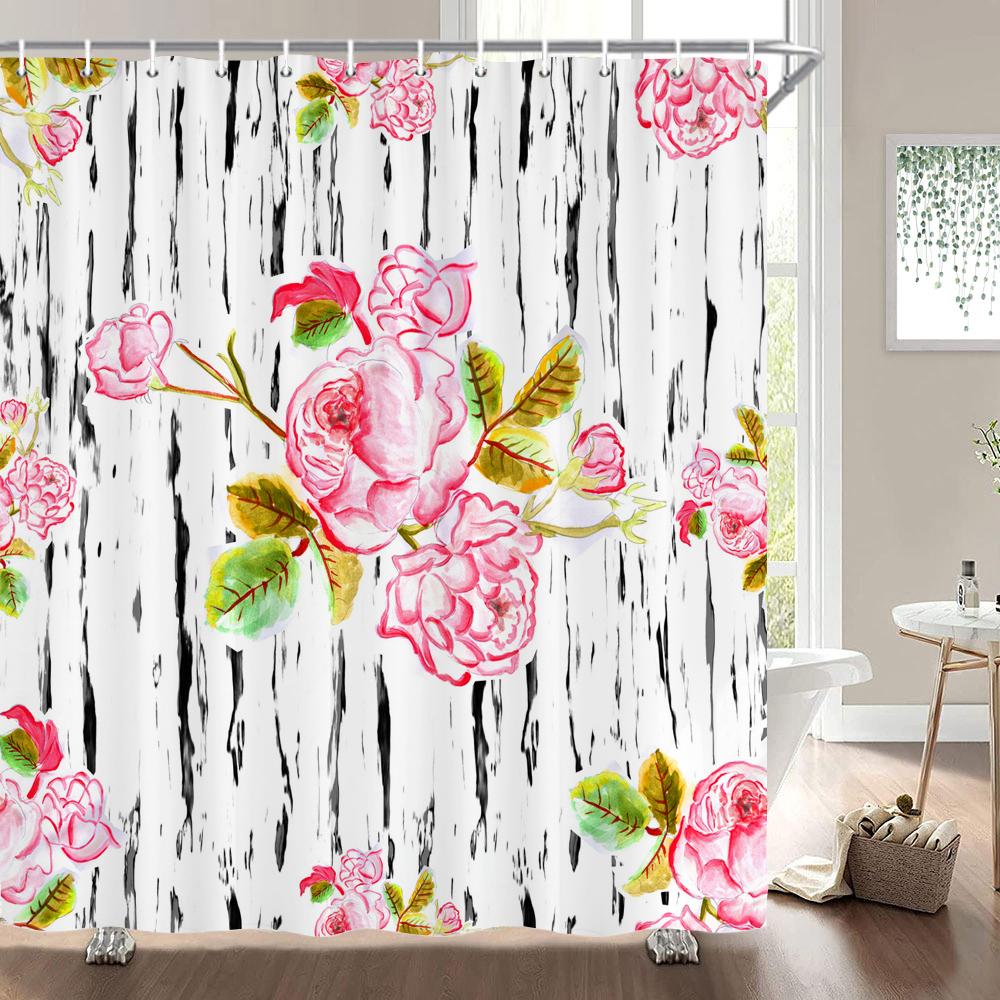 High Quality Flower Plant Leaves Fabric Shower Curtain Waterproof Beautiful Butterfly Bath Curtains for Bathroom Decor with Hook
