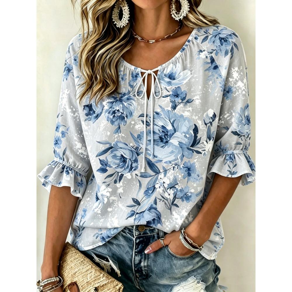Women's Watercolor Blue Floral Print Tie Front Blouse, Casual Loose Top for Spring Summer Daily