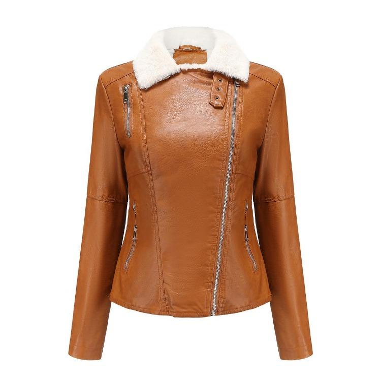 Women Fashion Slim Fit Pu Leather Jacket Long Sleeve Lapel Collar Zipper Fall Winter Coat