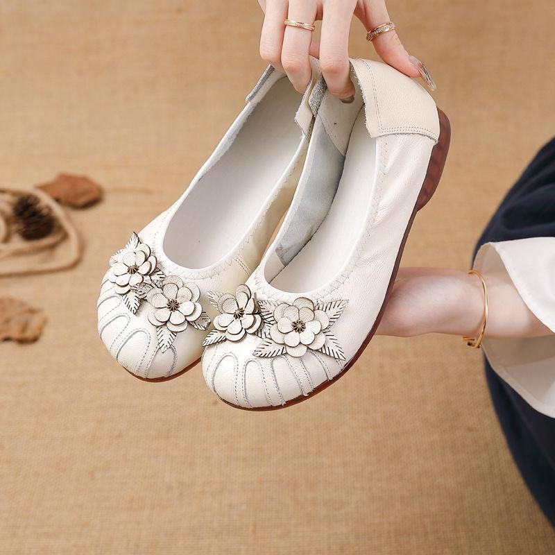 New Real Cow Leather Ballet Flats Woman Slim Foot Shoes Ladies Vintage Floral Moccasins Woman Luxury Flattie Beige Slip On Shoes