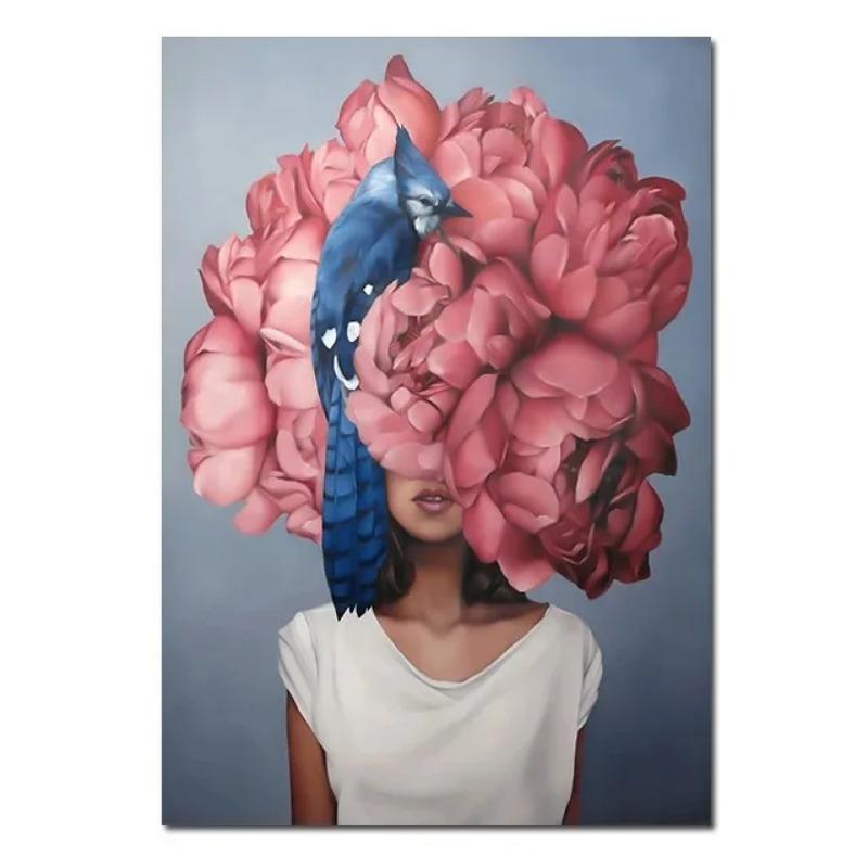 Canvas Painting Nordic Wall Art Posters Woman Head With Flowers Fashion Lady Portrait Picture Home Bedroom Decoration (No Frame)