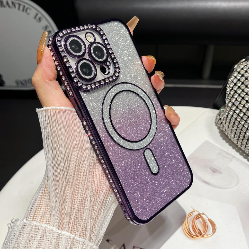 Plating Glitter Bling Diamond Camera Lens Protector Bumper Phone Case For iPhone 17 Air 16 15 14 Pro Max Samsung S25 S24 S23 Magnetic Protective Cover