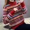 Half Turtleneck Sweater Women's Autumn and Winter Retro Pullover Versatile Long-sleeved Loose Striped Knitwear