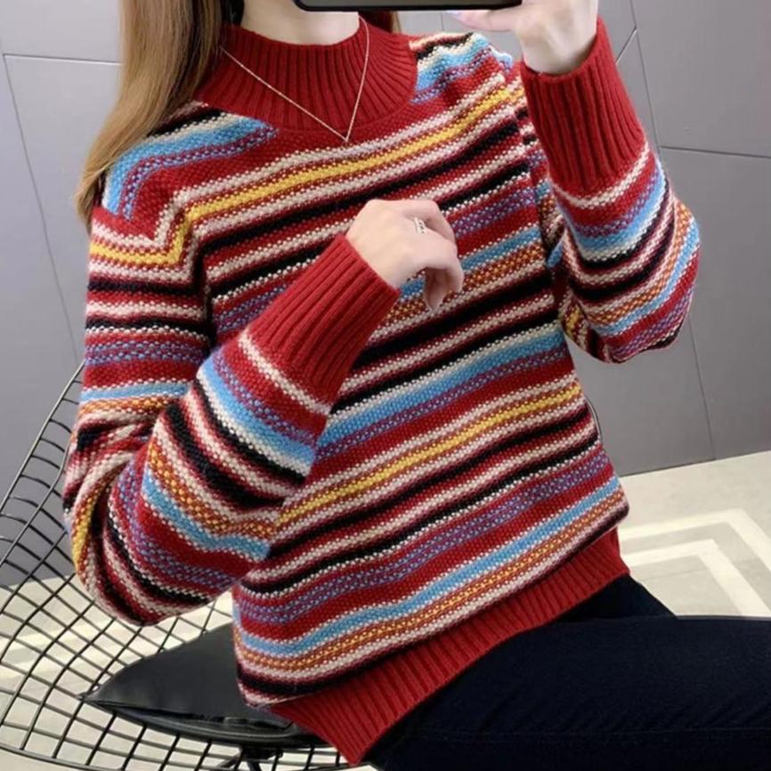 Half Turtleneck Sweater Women's Autumn and Winter Retro Pullover Versatile Long-sleeved Loose Striped Knitwear