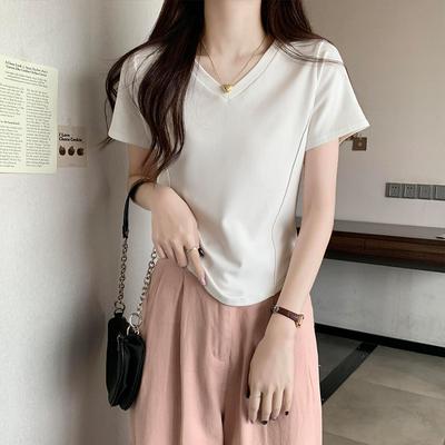 Korean Version of Irregular Hem Slim Fit Inside V-neck Short-sleeved T-shirt for Women In Summer Waist-hugging Base Shirt Pure Short Top