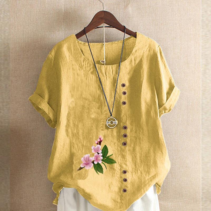 Women's Fashion Round Neck Short Sleeve T-shirt Casual Cotton Linen Graphic Shirt Leisure Loose Flowers Prined Summer Blouse Tops