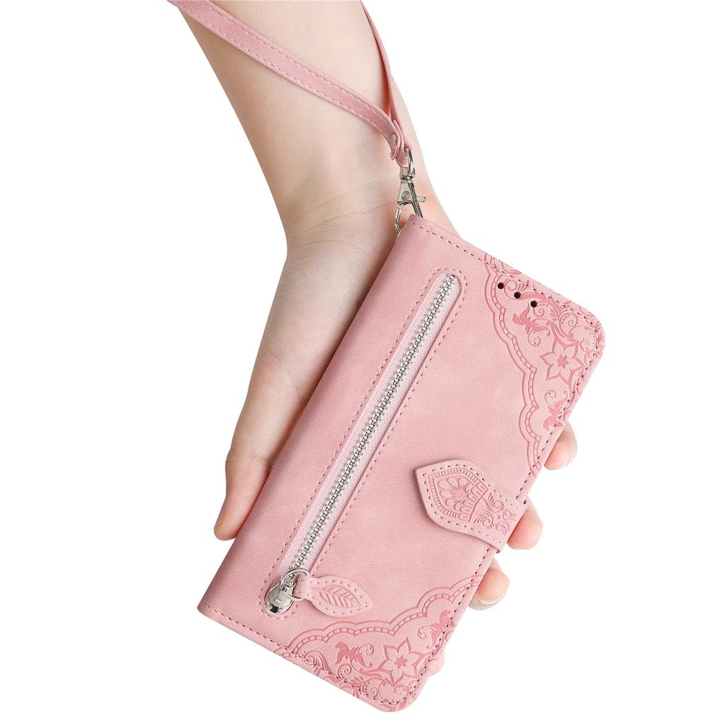 For OnePlus Nord 4 Zipper Wallet Case with Strap Flower Imprint PU Leather Phone Cover