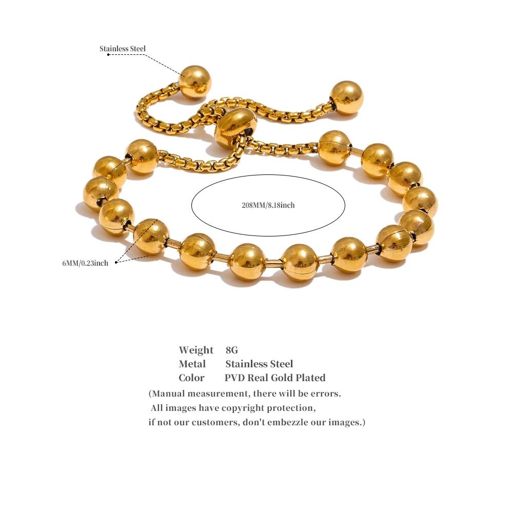 Eetit 18K Gold Color PVD Plated Metal Beads Chain Adjustable Bracelet Bangle Statement Waterproof Summer Daily Jewelry