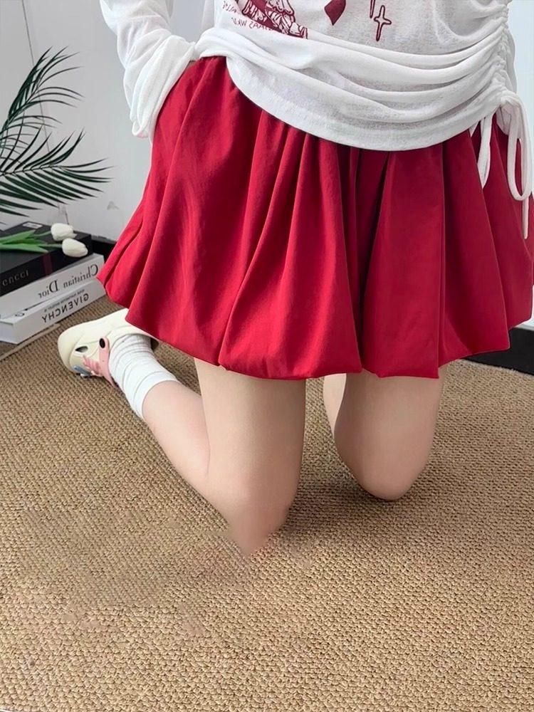Plus-Size Red Bud Hem Midi Skirt for Women - Autumn Sweet Spicy Girl Cloud Fluffy A-Line Short Skirt