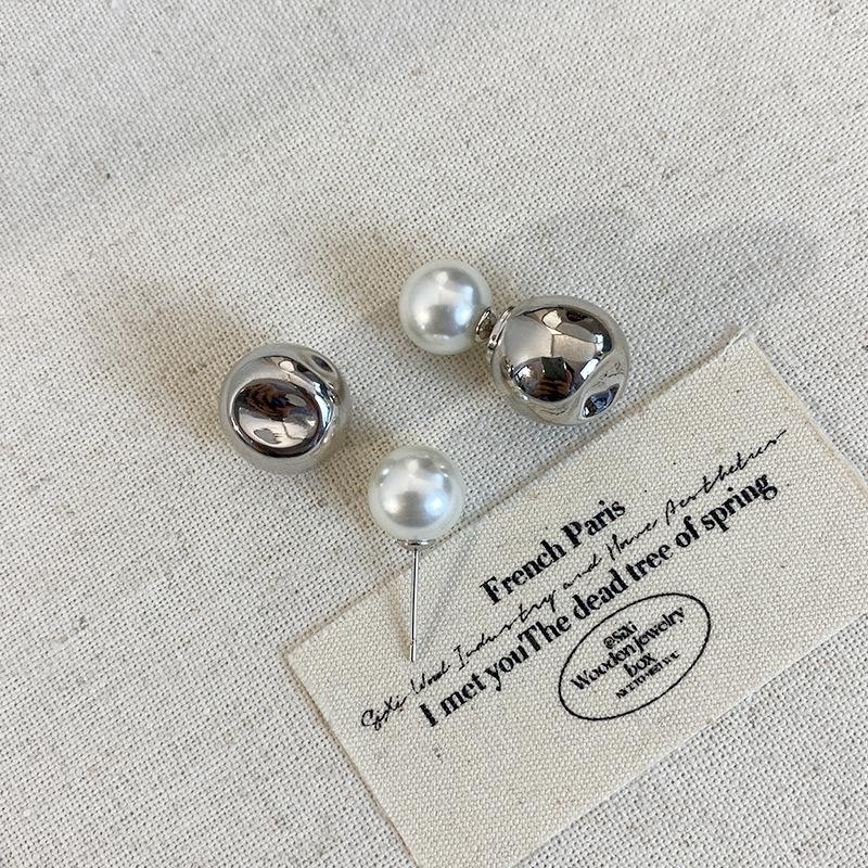 Silver Needle Geometric Ball Pearl Front and Rear Two Wearing Metal Ball Earrings Simple Personalized Stud Earrings