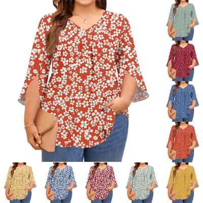 Women's Prined V-neck Plus Size Tops 3/4 Sleeves Elegant Shirt Tops