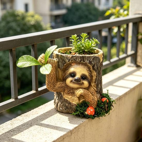 Artificial Stump Planter Resin Tree Bark Shape Flower Pot with Koala/Frog/Sloth Rustic Small Barrel
