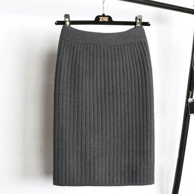 Automne Hiver Élégant Taille Haute Femmes Jupe Crayon Moulante Couleur Unie Dame Bureau Jupe Tricotée Jupe Plissée Femme