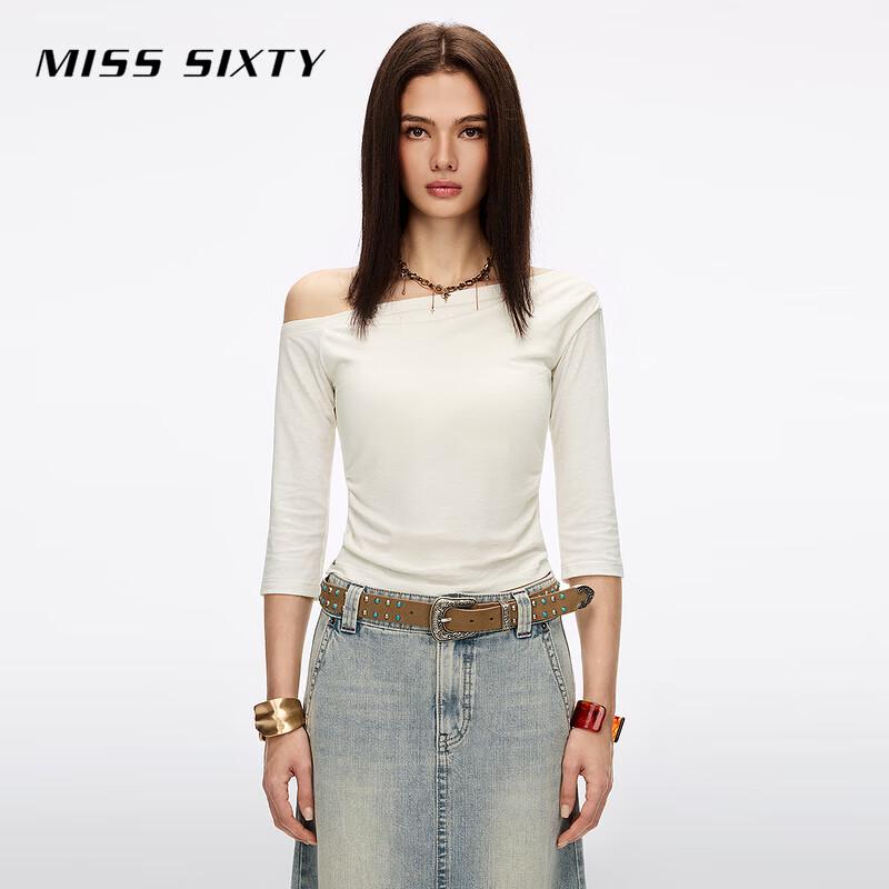 MISS SIXTY Women s 2026 Summer Oblique Collar Slim Fit One-shoulder T-shirt S