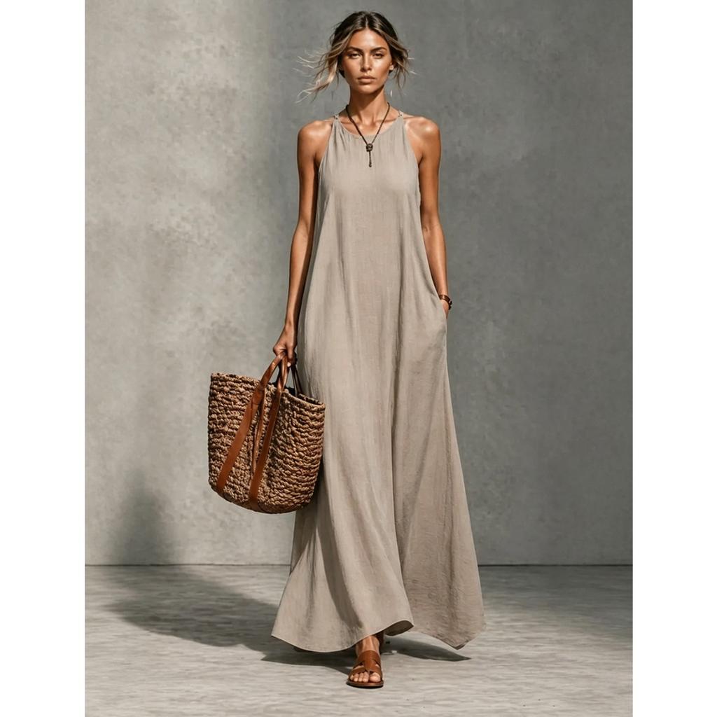 Women's Sleeveless Halter Neck Maxi Dress Loose Fit Solid Casual Long Dress