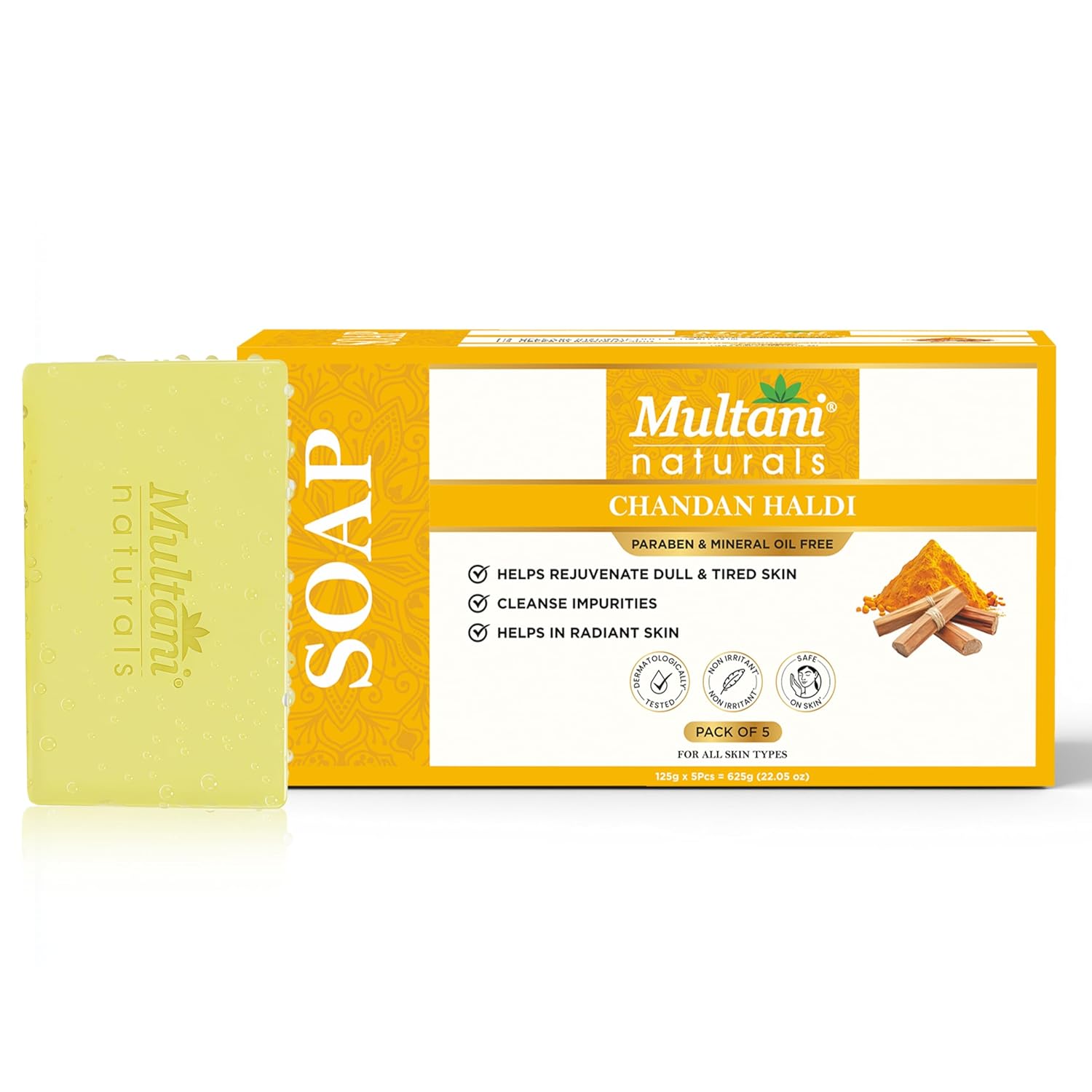 Multani Natural Chandan Haldi Soap Bar 125 g Pack of 5PC Paraben Free Ayurvedic Bath Soap For Men Women All Skin Types