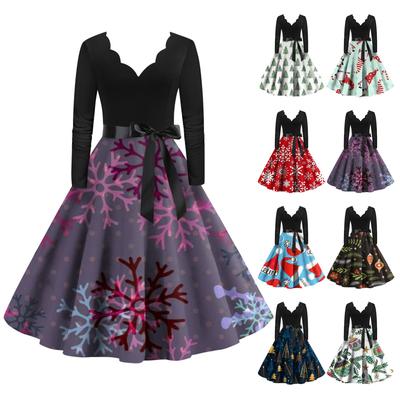 Dames Casual Mode Kerstprint Vintage Jurk met Lange Mouwen