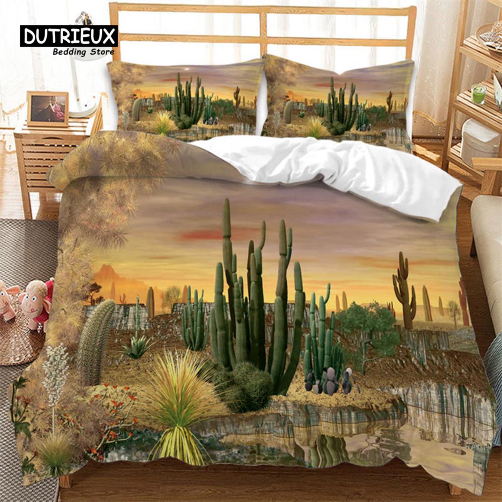 Cartoon Cactus Duvet Cover Spring Garden With Boho Style Bouquet of Thorny Plants Blossoms Decor 3 Piece Bedding Set Pillowcases