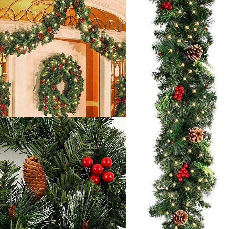 Garland 6ft Christmas Led Light Up Wreaths Red Berry Rattan Xmas Fireplace Decor