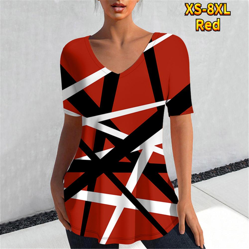 T-skjorte Dame Kontrastfargesøm Digital 3D-trykk Topper Casual T-skjorter Sommer Kort Erm Ny Rund Hals Skjorter Femme