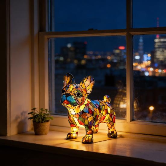 Rainbow Pup Night Light Handmade Vintage Dyed Resin 3D Puppy Lamp USB Powered Soft Warm LED Non-Glaring Decorative Gift for Dog Lovers Bedroom Desk