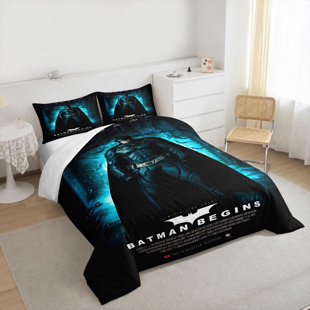 Batman Begins Movie Bedding Set, Dark Blue Cave, Batman In Suit Among Bats, Origin Story Superhero Poster