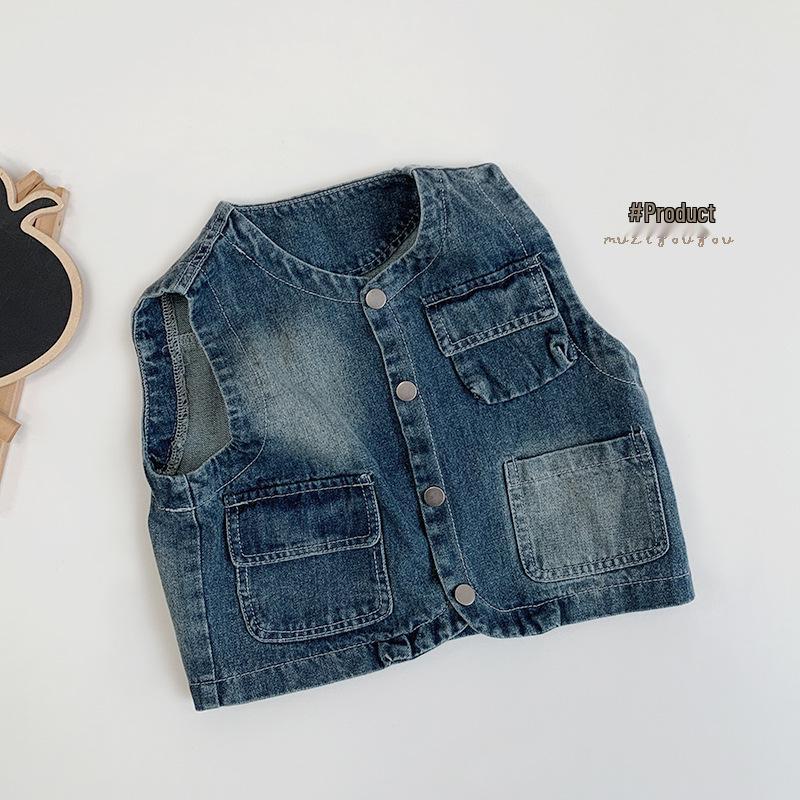 

Детский корейский ретро джинсовый жилет - Повседневная осенняя безрукавка для мальчиков и девочек 130 cm синий/серый