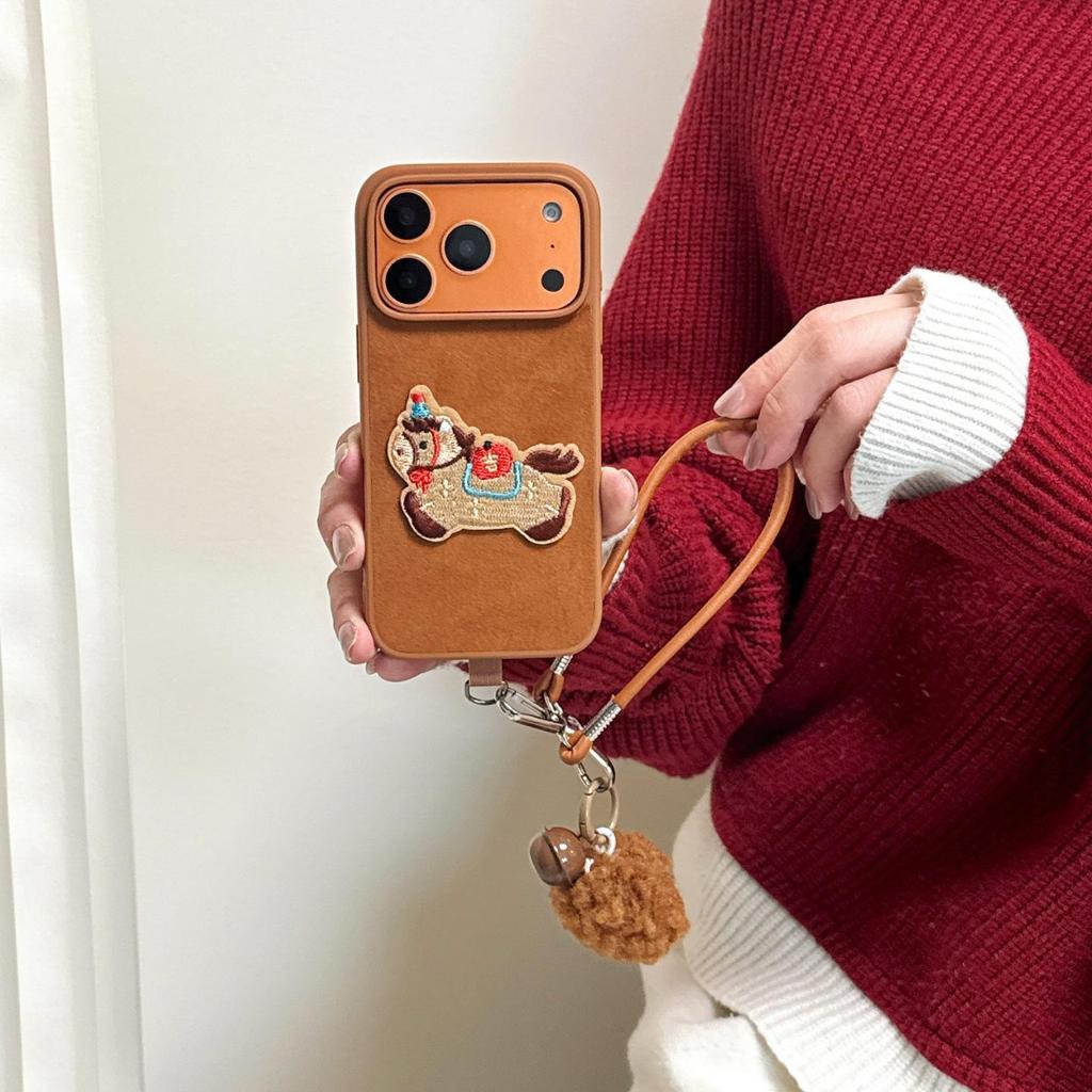 Embroidery Horse Case with Hand Strap & Fur Ball for iPhone 14/15/16/17 Pro Max & Huawei