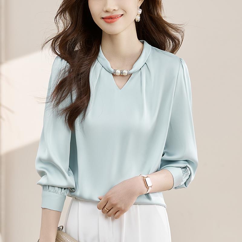 

Women Blouses Shirts 2026 Spring Long Sleeve Women Blouse Shirt O-Neck White Satin Blouse Shirt Women Top J935 XL світло-зелений колір