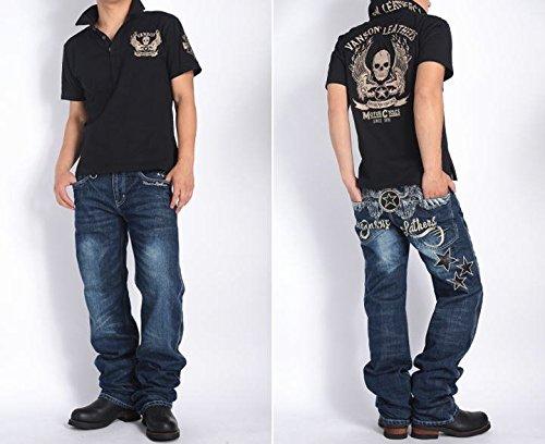 Vanson Flying Star Embroidered & PU Leather Distressed Denim Pants SP-B-15 (Size 38, Indigo)