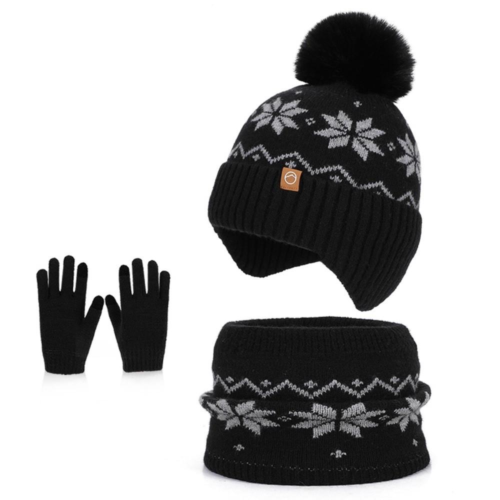 Polyester Winter Knitted Hat Warm Ear Flap Kids Snowflake Beanie for 2/3 Piece Set For Boys Girls