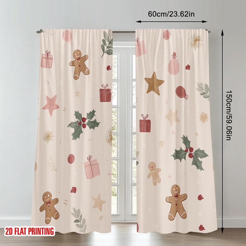 Set Of 2 Flat Printing Fashionable Christmas Curtains Holiday Stars Gingerbread Digital Printed Polyester Drapes Party Curtain Made