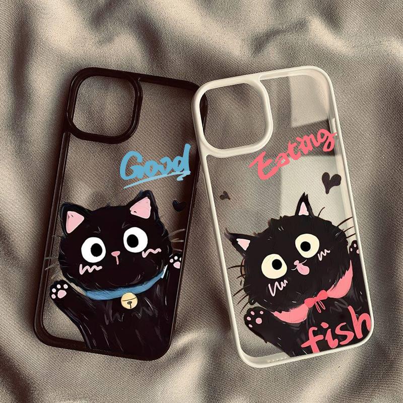 Funny Couple Phone Case for IPhone 13 15 Cover for 16 11 14 Pro Max 12 Mini X XS XR SE 14 Plus Cartoon Black Cat Shells Fundas