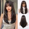 LOUIS FERRE Brown Base Blonde Highlights Medium Straight Layered Wig With Bangs Synthetic Hair Heat Resistant Women Daily Party