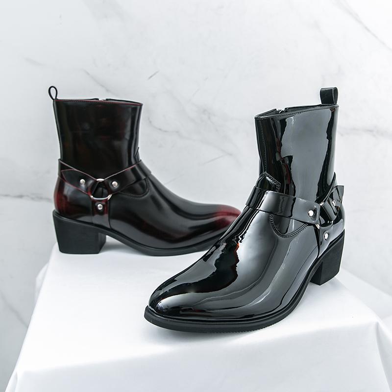 Winter Brand Designer New Pointed Toe Patent Leather Chelsea  Ankle Boot For Men High Tops Monk Strap Punk Rivet Cuban Shoes