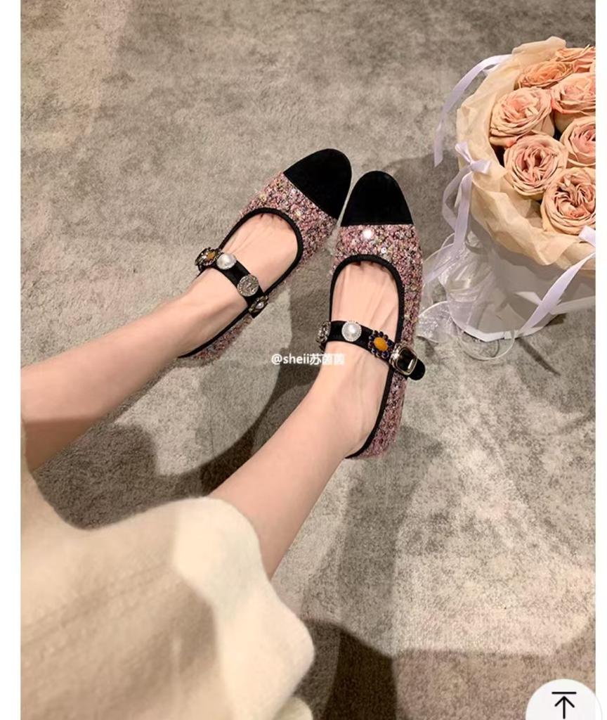 Princess Su Yinyin Anne~ Xiaoxiangfeng Tweed Color Matching Word Mary Jane Shoes Women's Flat Shoes