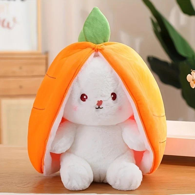 

Bunny Plush Doll Toy Pillow, Reversible Carrot Strawberry Bunny Stuffed Animal with Zipper, Cute Rabbit Decoration for Kids 18CM