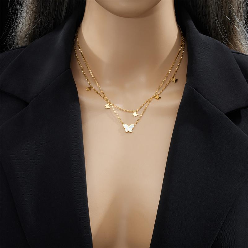 DIEYURO 316L Stainless Steel Lovely Butterfly Pendant Necklace For Women Fashion Double Layer Neck Chain Jewelry Gift Bijoux