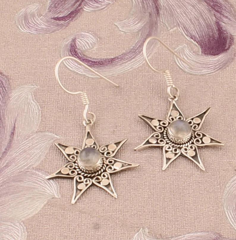 925 Sterling Silver Rainbow Moonstone Gemstone Earrings, Designer Sun Silver Earrings, Handcrafted Earring