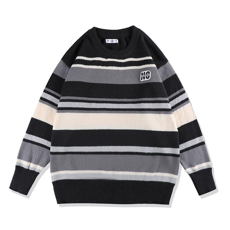 Pulover pentru bărbați cu dungi largi, cu decolteu, toamnă, supradimensionat, tricotat, iarna, tricotaje calde